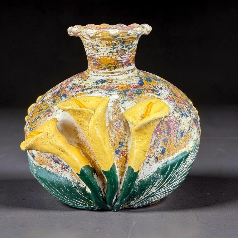 Mexican Pottery Calla Lily Vase Hand Painted Textured Ceramic Folk Art Vessel